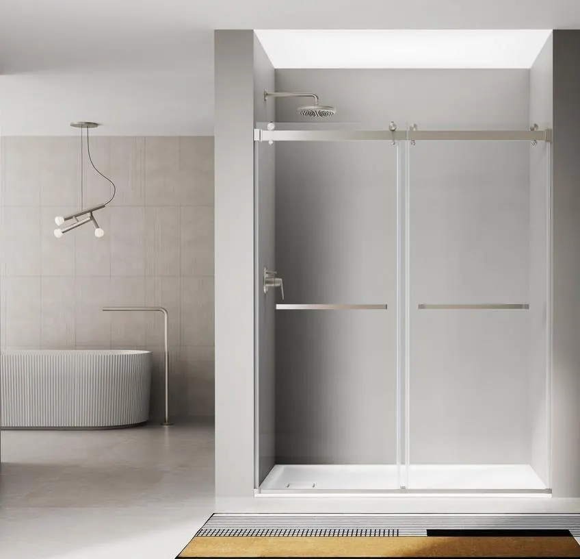 Duo bypass sliding shower door in brushed nickel