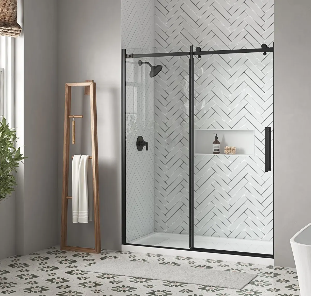 Loft frameless sliding shower door in matte black