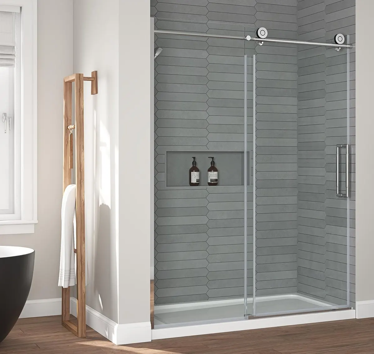 Orba frameless sliding shower door in brushed nickel
